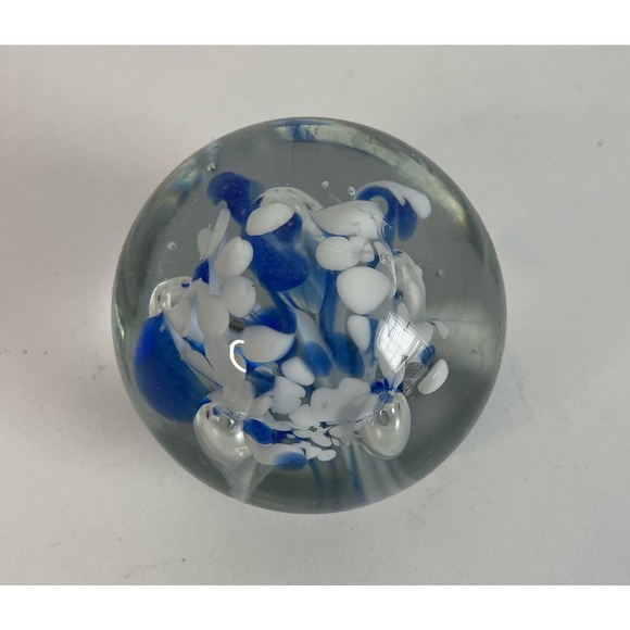 Art Glass Circle Round PAPERWEIGHT Decor Blue & white - Picture 1 of 5